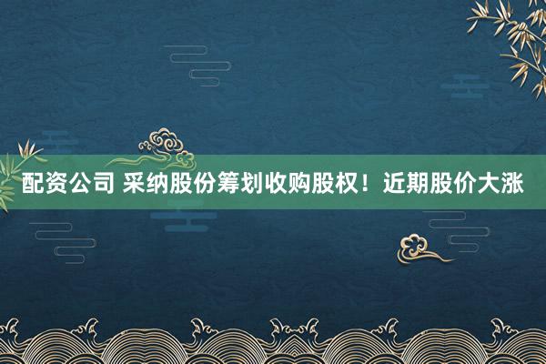 配资公司 采纳股份筹划收购股权！近期股价大涨